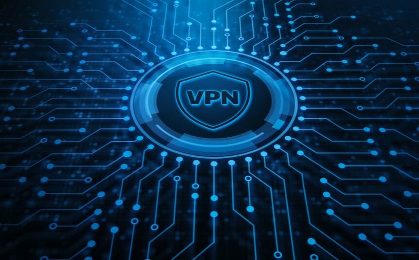 A blue VPN sign on a computer board.