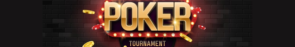 Vector illustration of a poker tournament banner with playing cards, coins and chips.