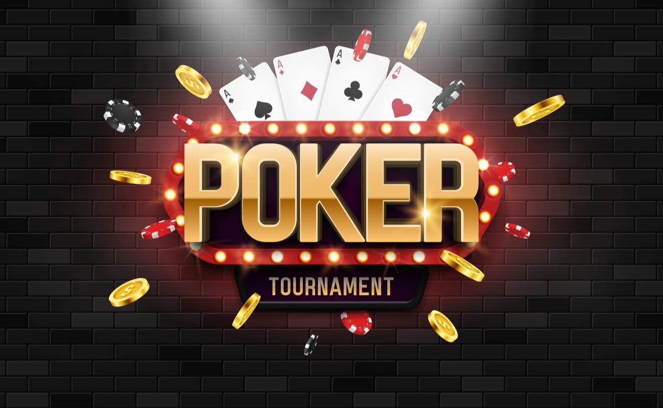 Vector illustration of a poker tournament banner with playing cards, coins and chips.