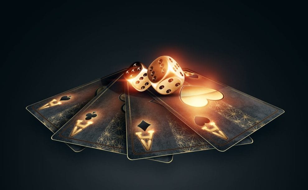3D illustration of golden playing cards and poker chips on a dark background.