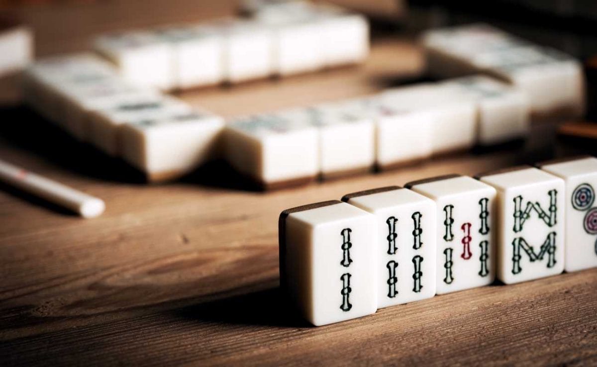  Mahjong on a wooden table.
