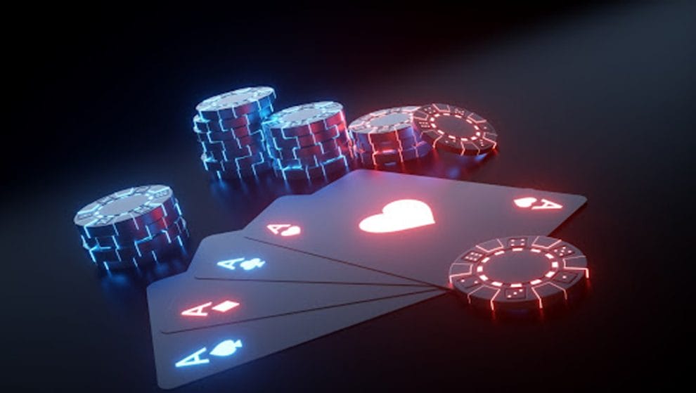 Playing cards and casino chips in neon red and blue against a black background.