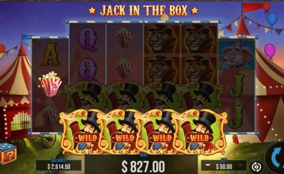 A screenshot of the Wild symbols hitting on Jack in the Box, resulting in a $827 win.