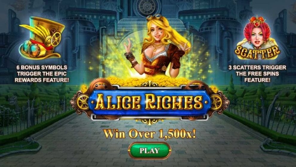 Alice Riches online slot with a golden hat bonus symbol and the queen scatter symbol against a castle backdrop.