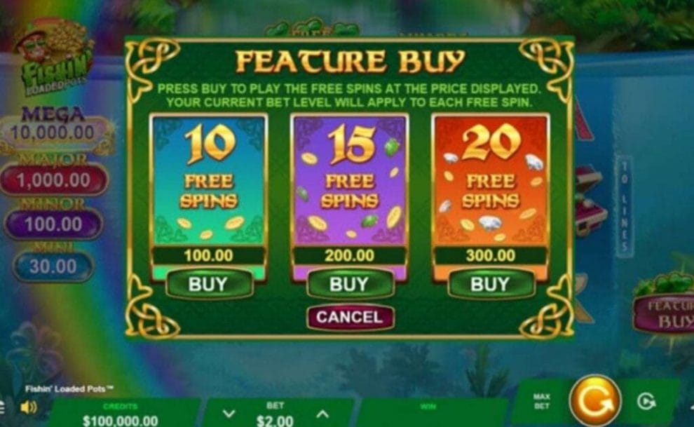 Screenshot of Fishin’ Pots of Gold online slot game, showing the feature buy screen.