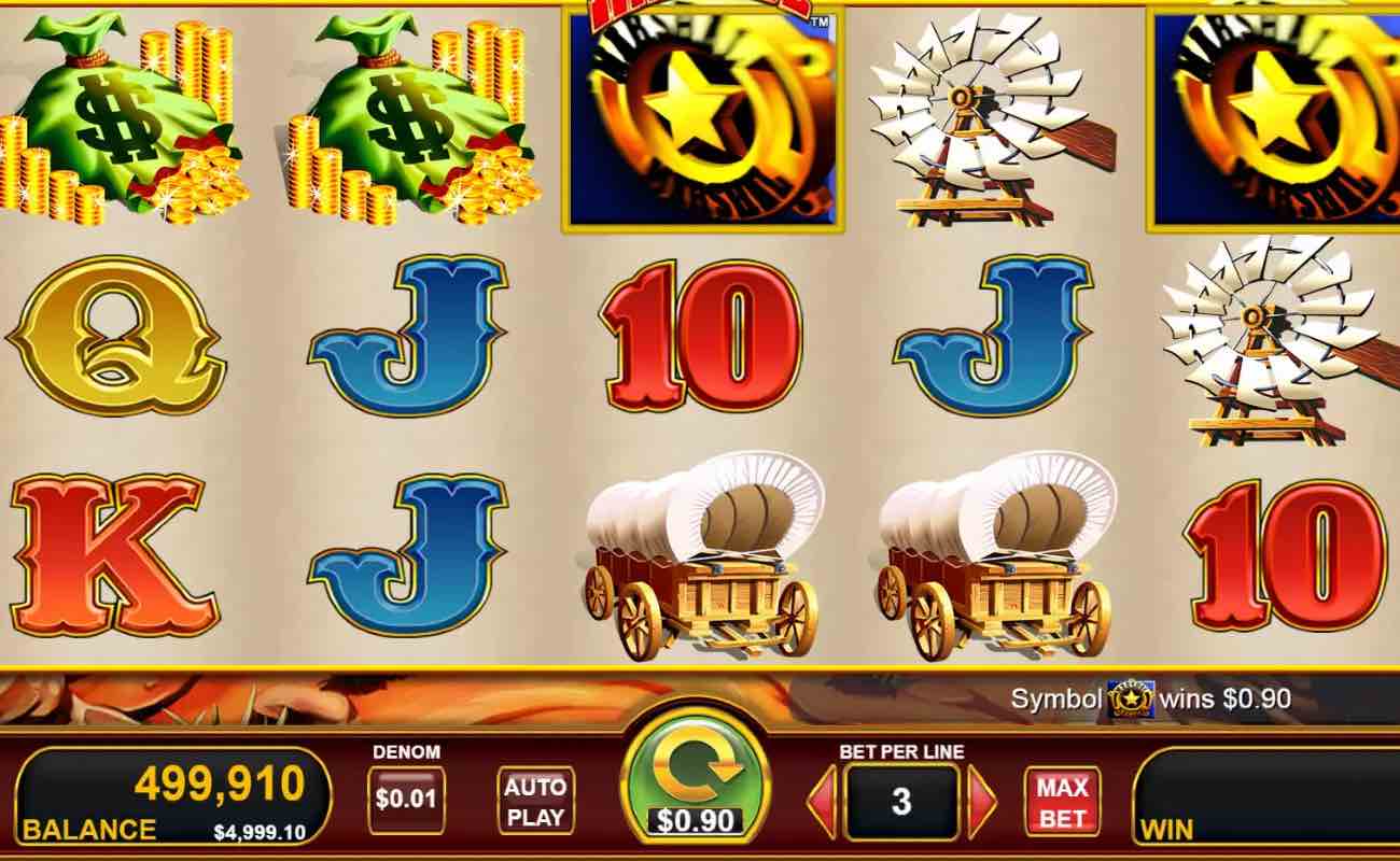 The reels for the online slot game Rawhide.