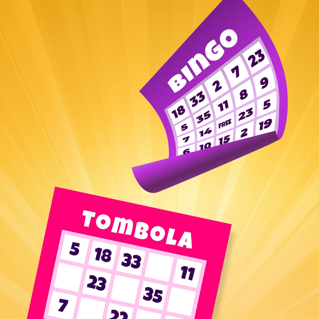 Purple bingo card and Pink tombola card on a yellow background