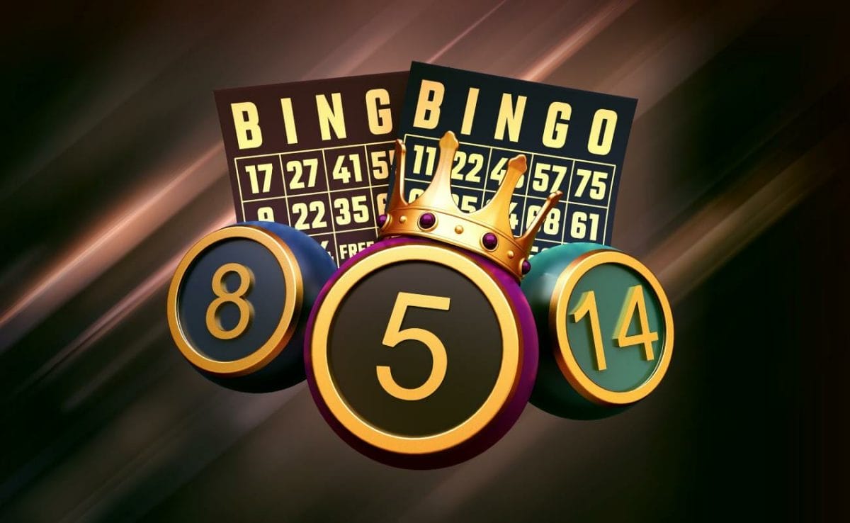 Bingo cards and balls with a gold crown on the 5.