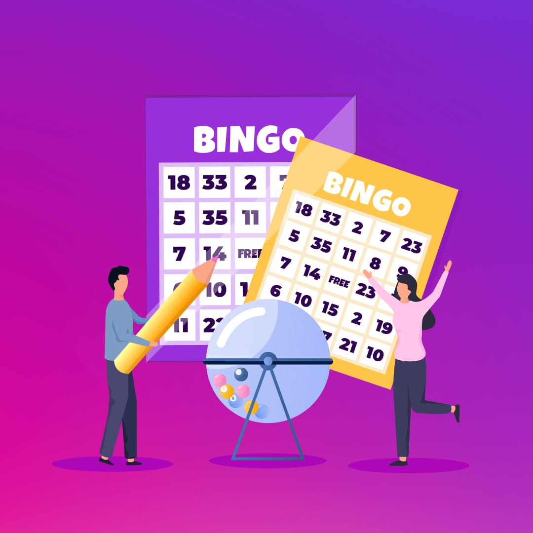 Two people playing bingo against a purple gradient background.