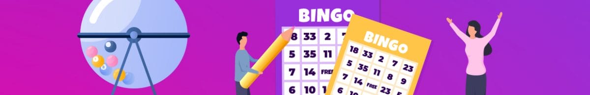 Two people playing bingo against a purple gradient background.