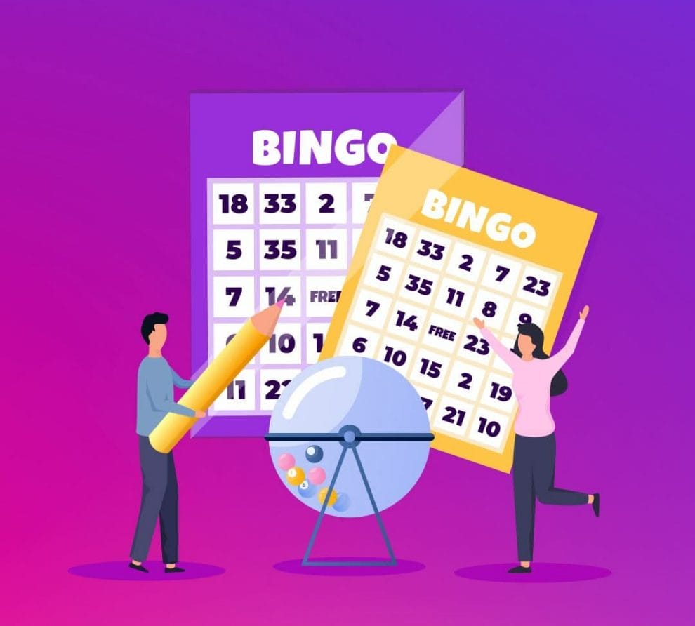 Two people with bingo cards and a bingo cage set against a purple background.