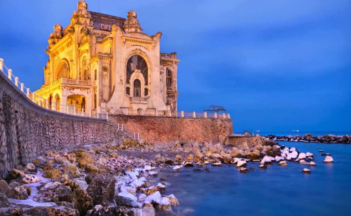 Constanta Casino on the Black Sea during winter, in Romania.