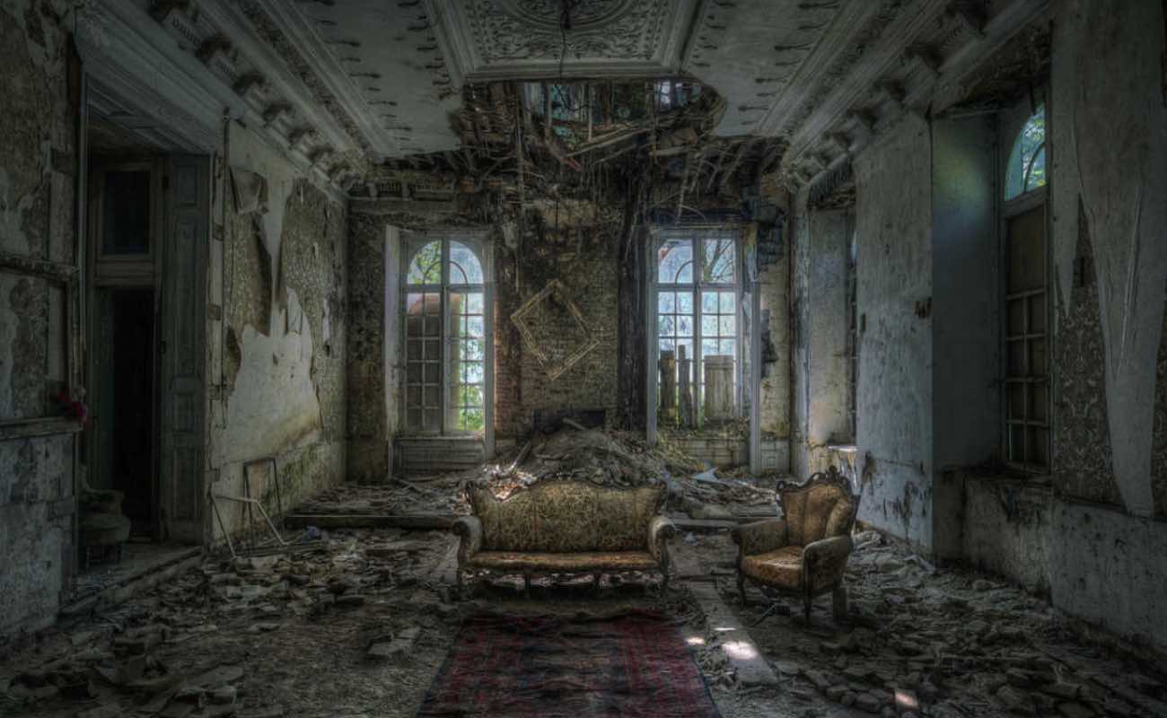 The interior of an old abandoned building.