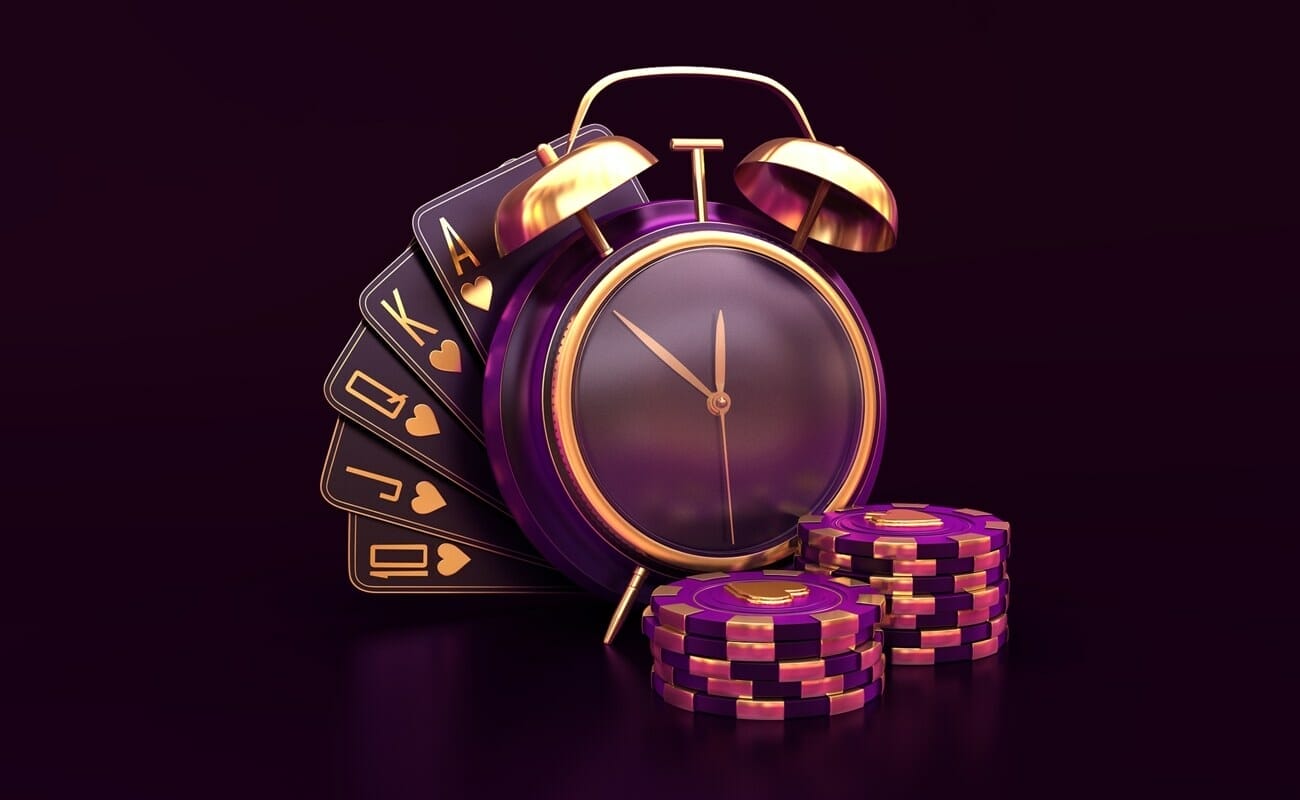 A 3D rendering of five playing cards, a clock and two stacks of poker chips.