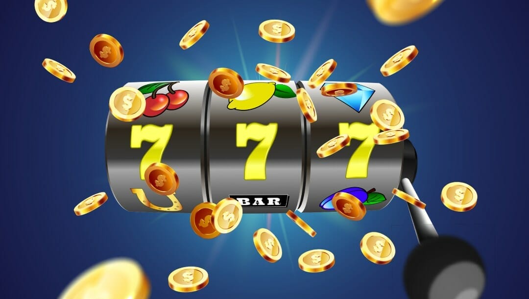 A slot reel with three sevens surrounded by flying gold coins.
