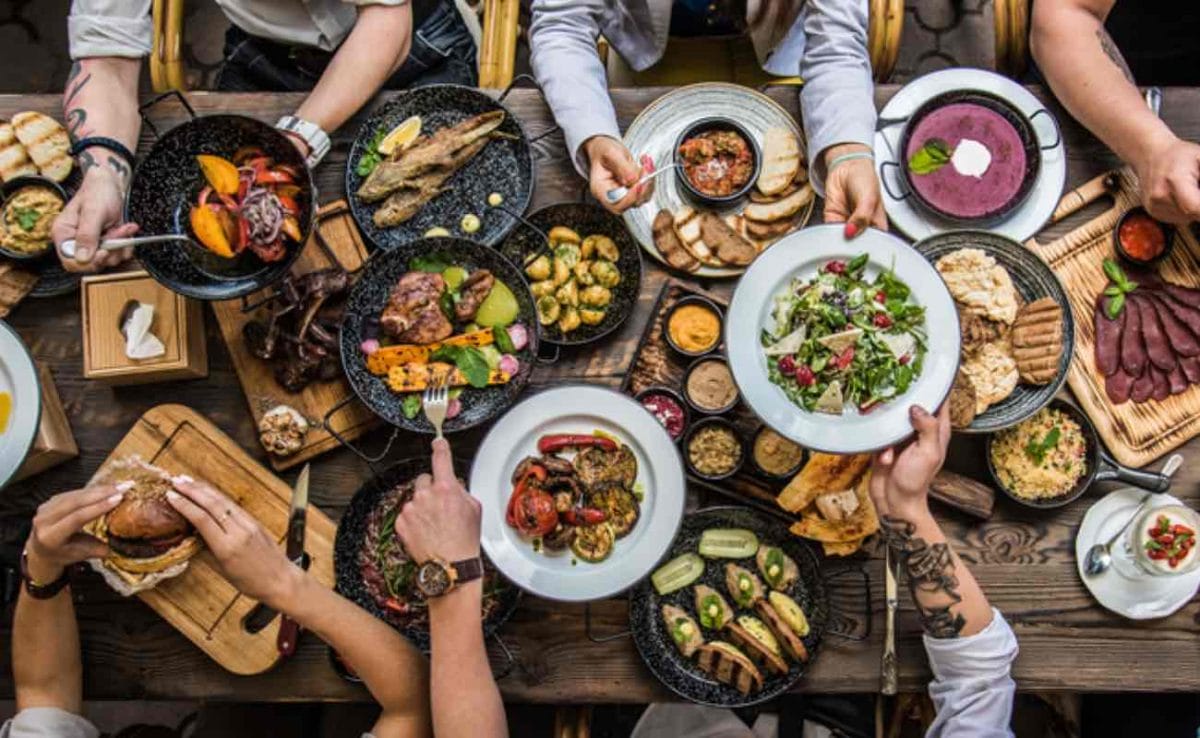An aerial view of a table filled with delicious food.
