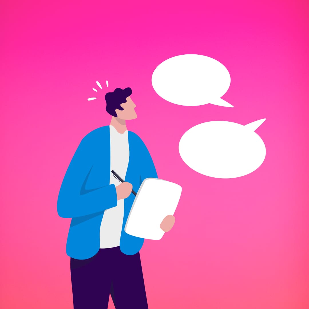 Vector illustration of male with blank balloon speech on pink background