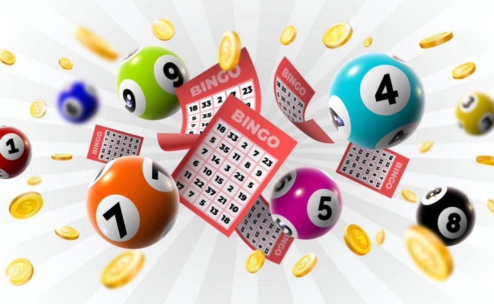 Bingo cards, balls and coins exploding out.