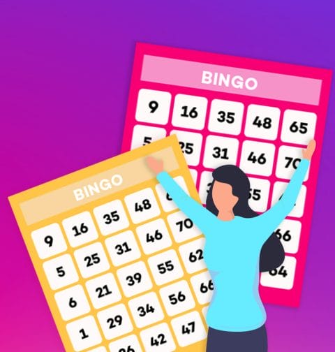 Vector illustration of female with a yellow and pink Bingo cards.