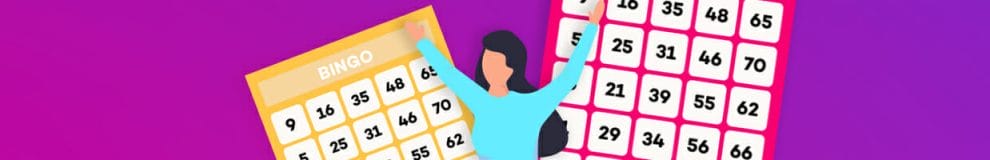 Vector illustration of female with a yellow and pink Bingo cards.