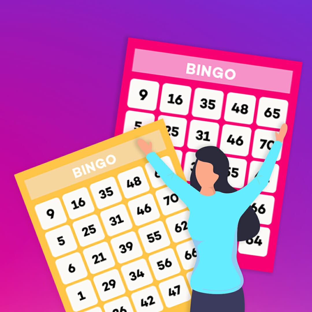 Vector illustration of female with a yellow and pink Bingo cards.(aug82)