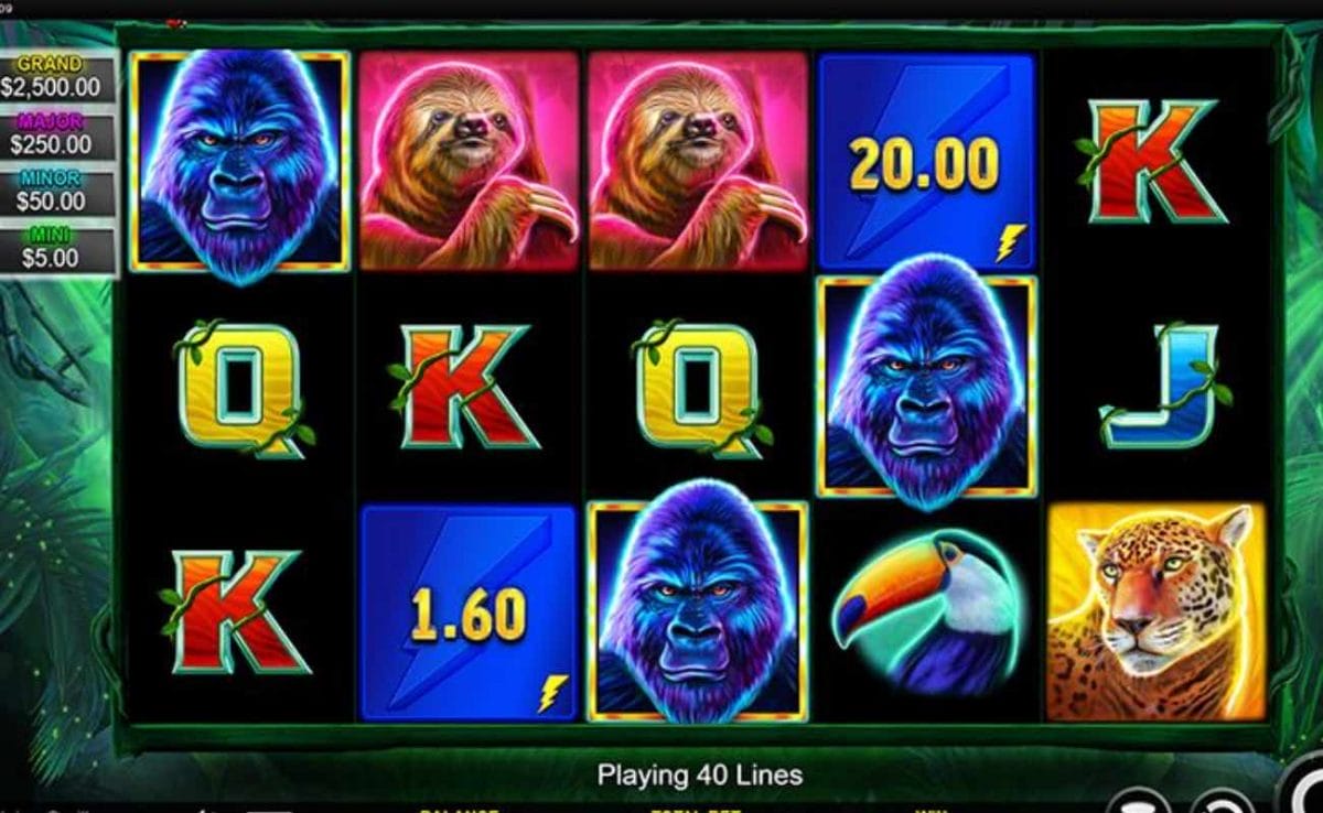 The base game screen for the Lightning Gorilla online slot.