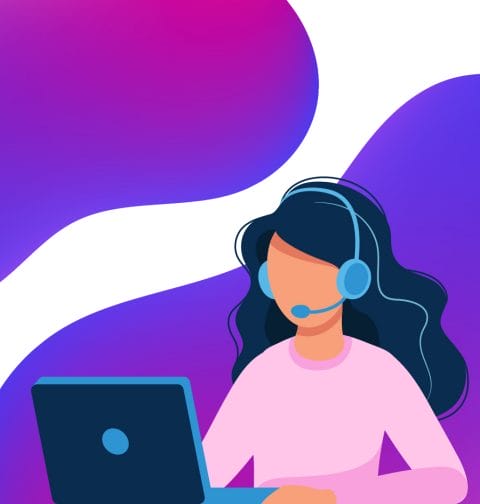 Vector illustration of female using laptop with headphone on