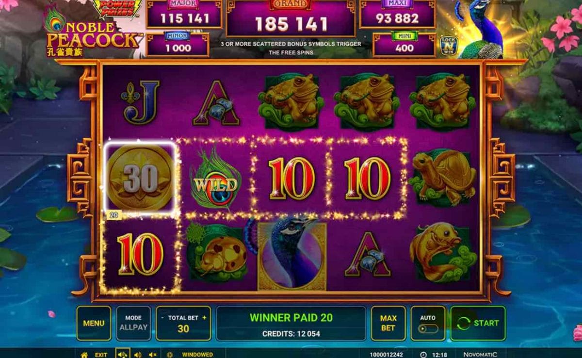 The reels for Noble Peacock online slot.