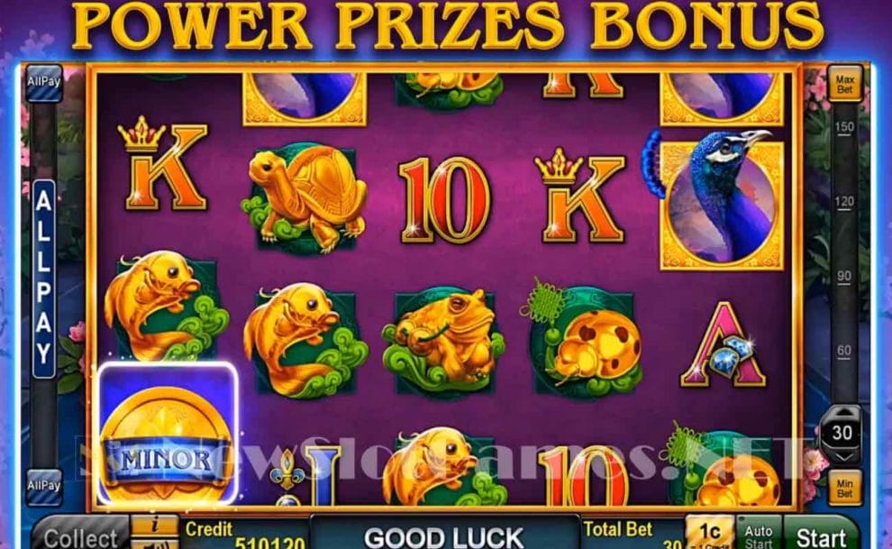 The Power Prizes Bonus screen of Noble Peacock.