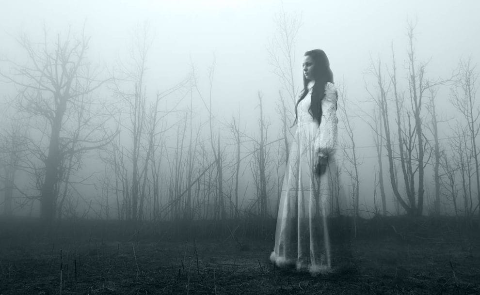 A ghostly Victorian woman among trees.