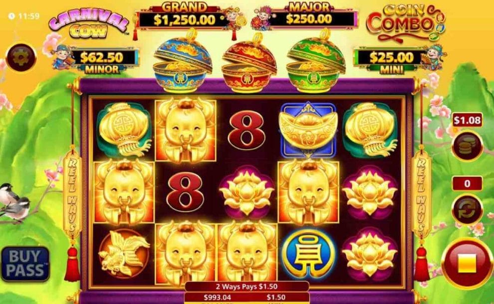 The gameplay of Carnival Cow Coin Combo, Cow Symbols, and a Wild have triggered a $91.20 win. The reels are flanked by a cherry blossom tree with birds on the branches, and the background is a green mountain range under a yellow sky.