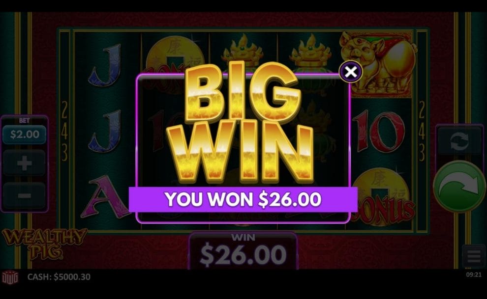 A big win of $26.00 in Wealthy Pig.