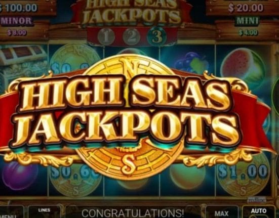 Game title screen for the High Seas Jackpots slot game.Jackpots