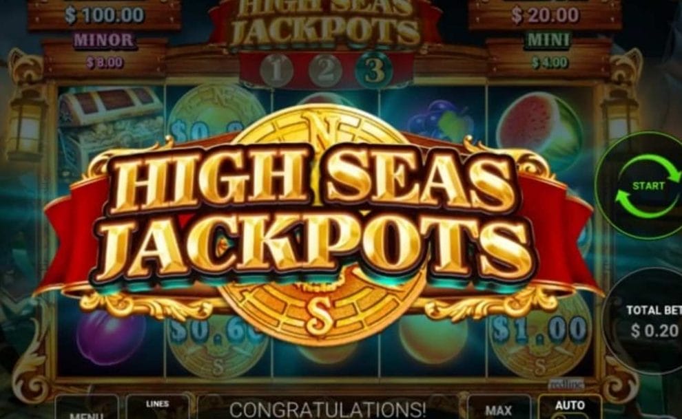Game title screen for the High Seas Jackpots slot game.Jackpots