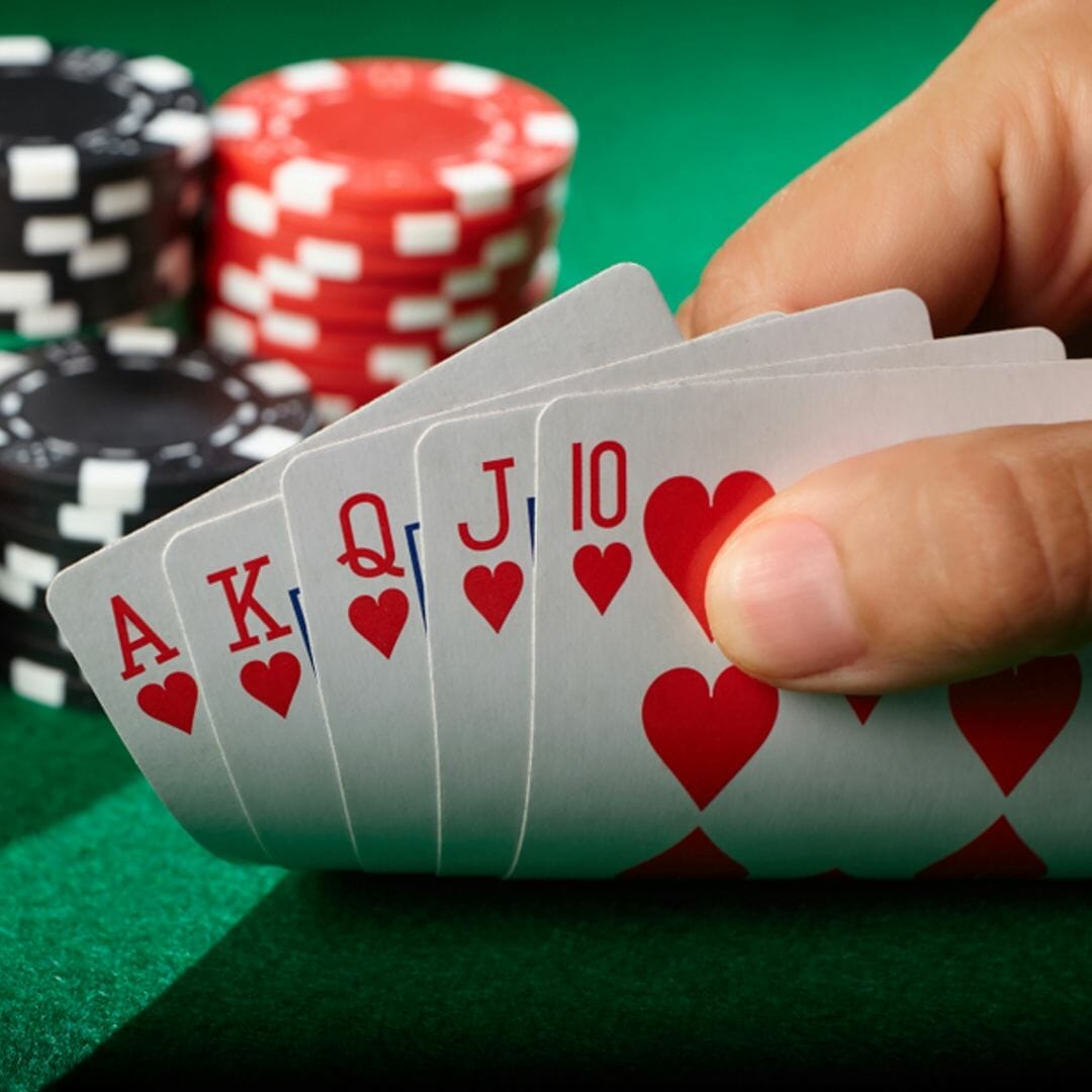 A player holds up flush cards in poker.
