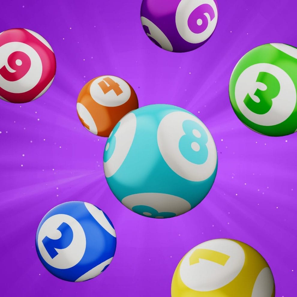 Colorful 3D bingo balls against a bright purple background.