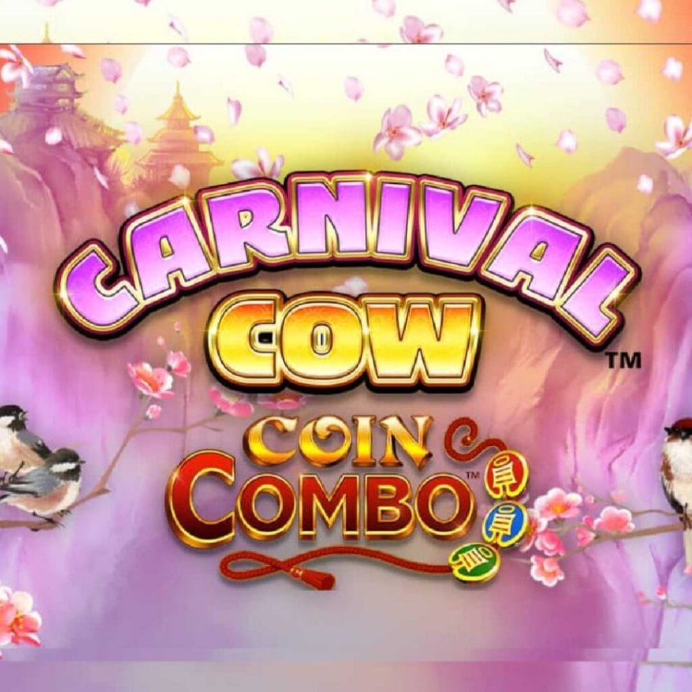 The Carnival Cow Coin Combo logo on a background made up of cherry blossoms, a mountain, and houses.