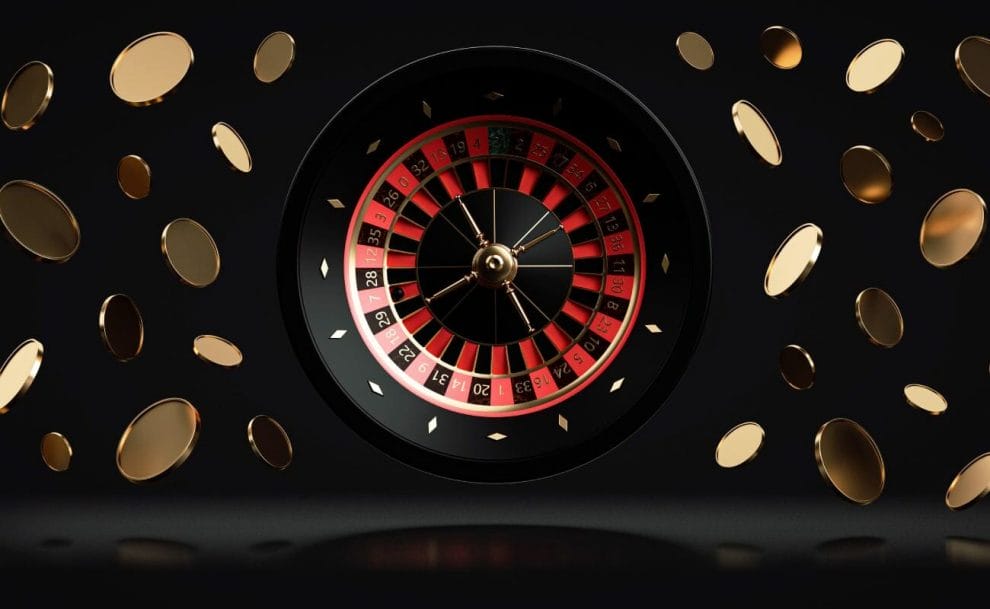 A roulette wheel against a black background.