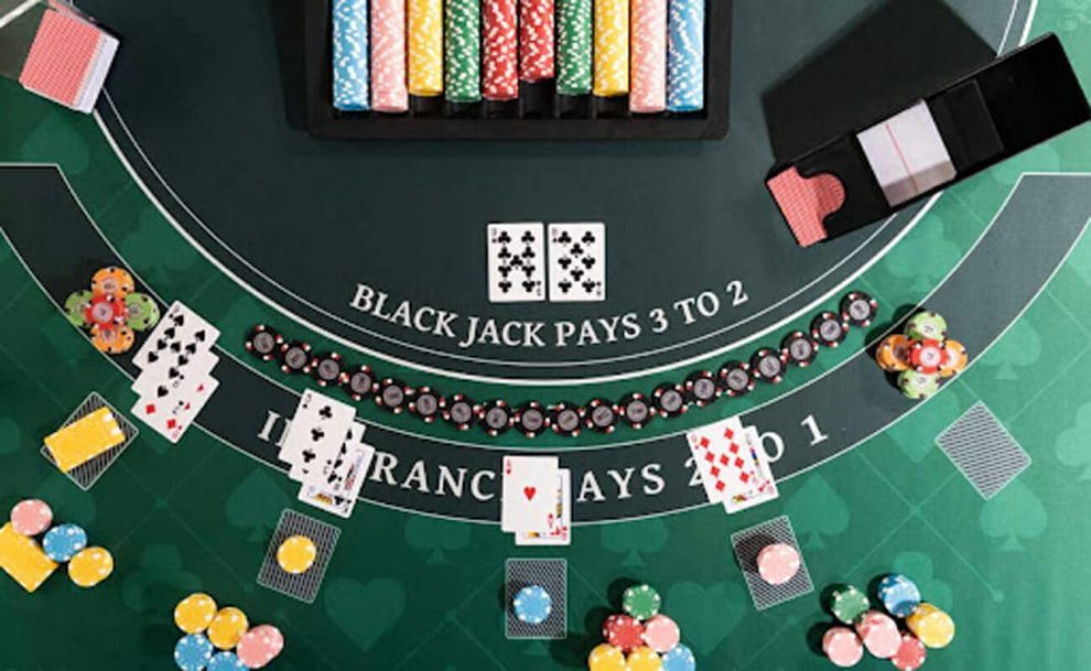 Casino blackjack game on a green table