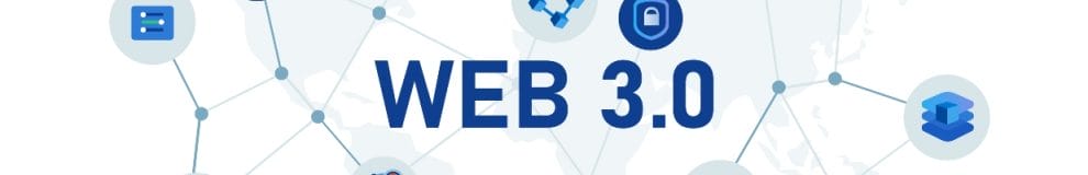 The words “Web 3.0” against a stylized web connecting various blue icons.