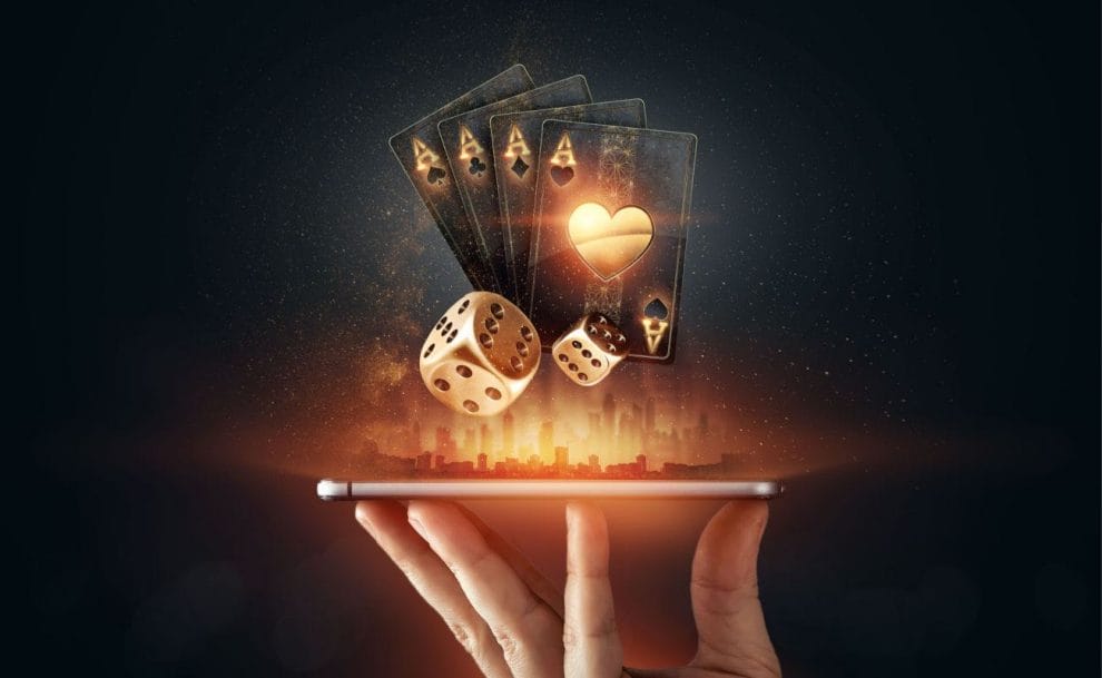 Vector illustration of online casino icons featured on a smartphone.