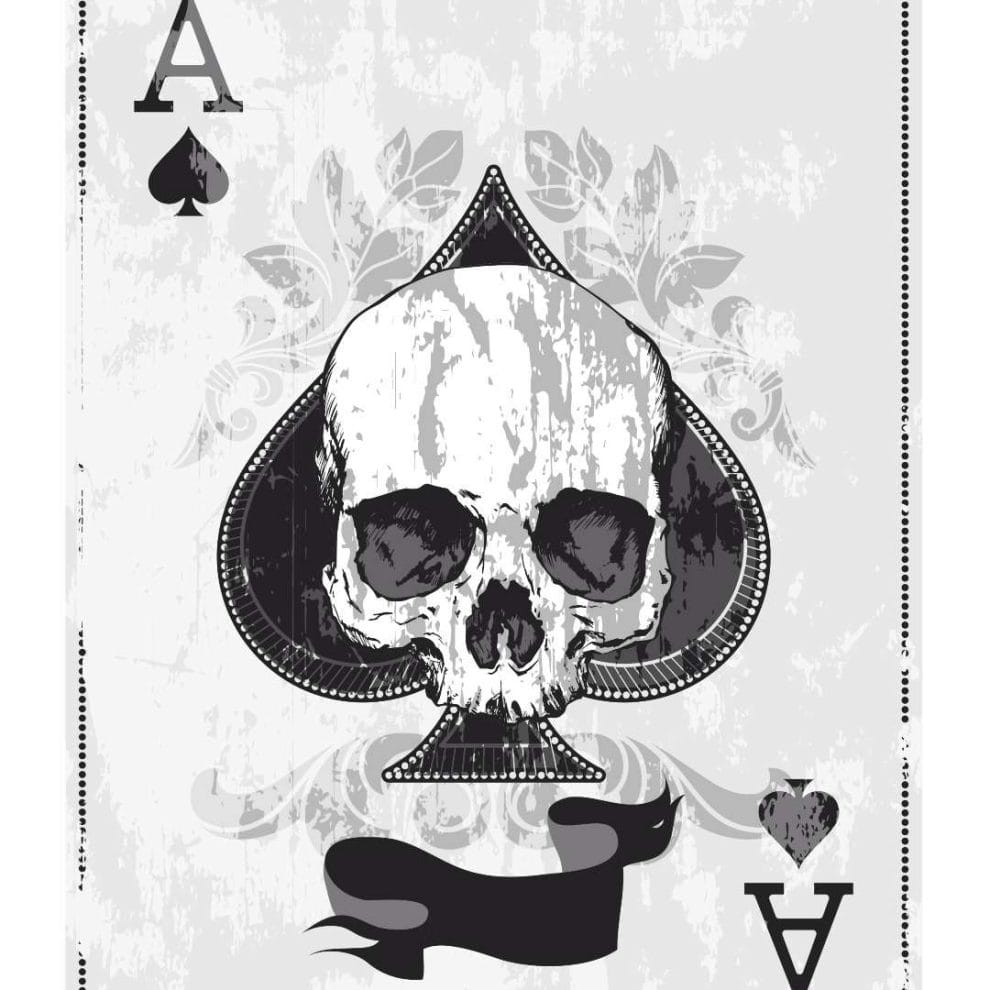An ace of spades card with a drawing of a skull in it.