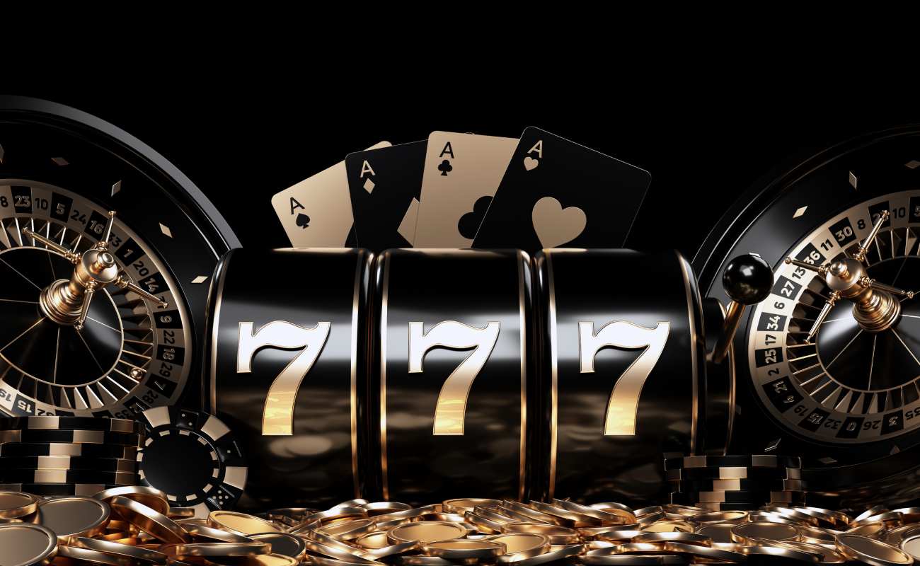Roulette wheel, casino chips and 777 slot reel in black and gold.
