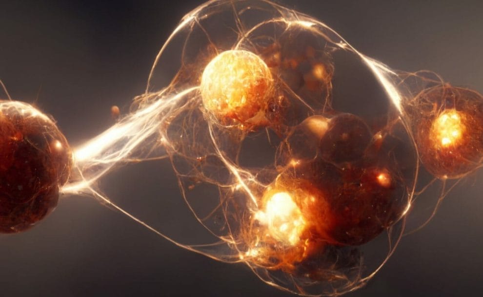 A 3D-rendered image of a quantum entanglement with particles and energy flowing.