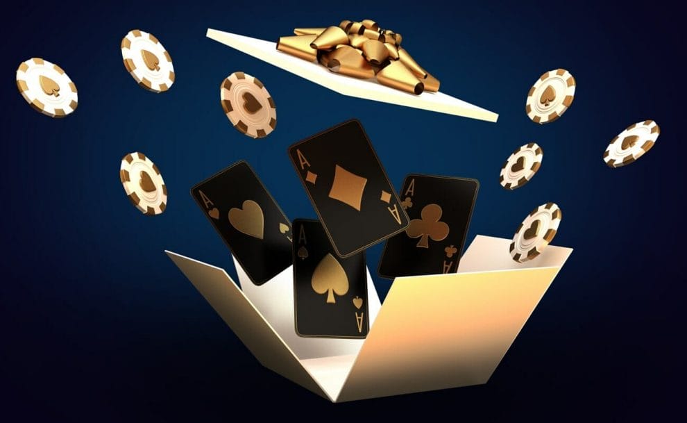 White and gold chips and black and gold playing cards flying out of a white gift box in front of a dark-blue background.