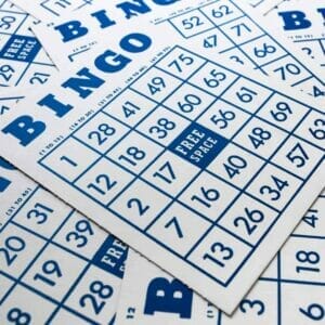 A close-up of bingo cards.