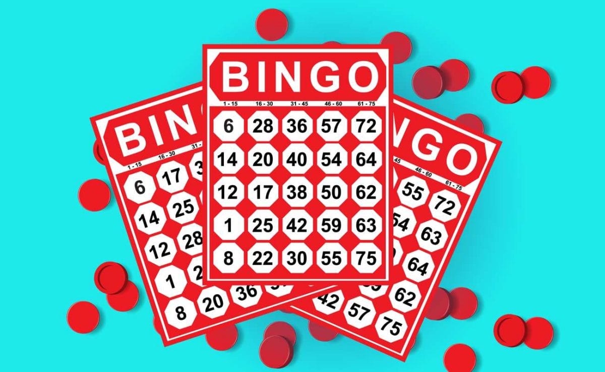 Three red bingo cards and markers against a cyan background.