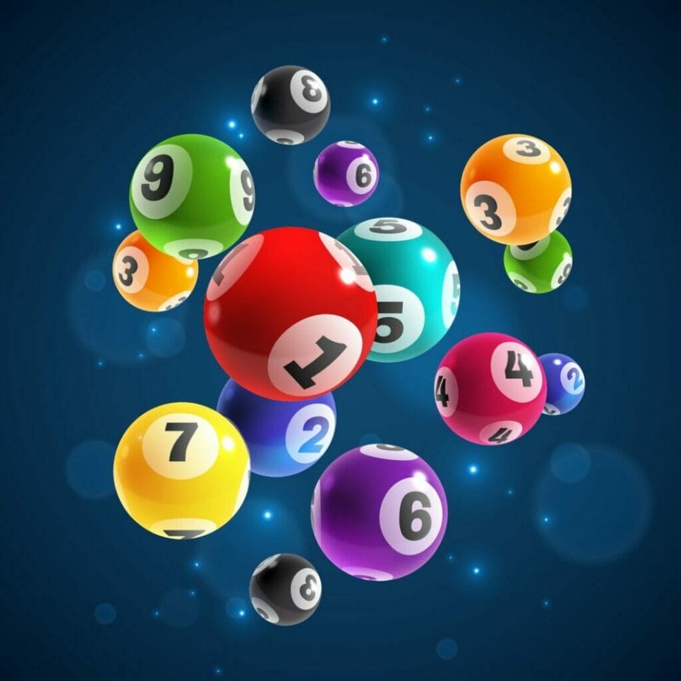 Various colored bingo balls floating against a blue background.