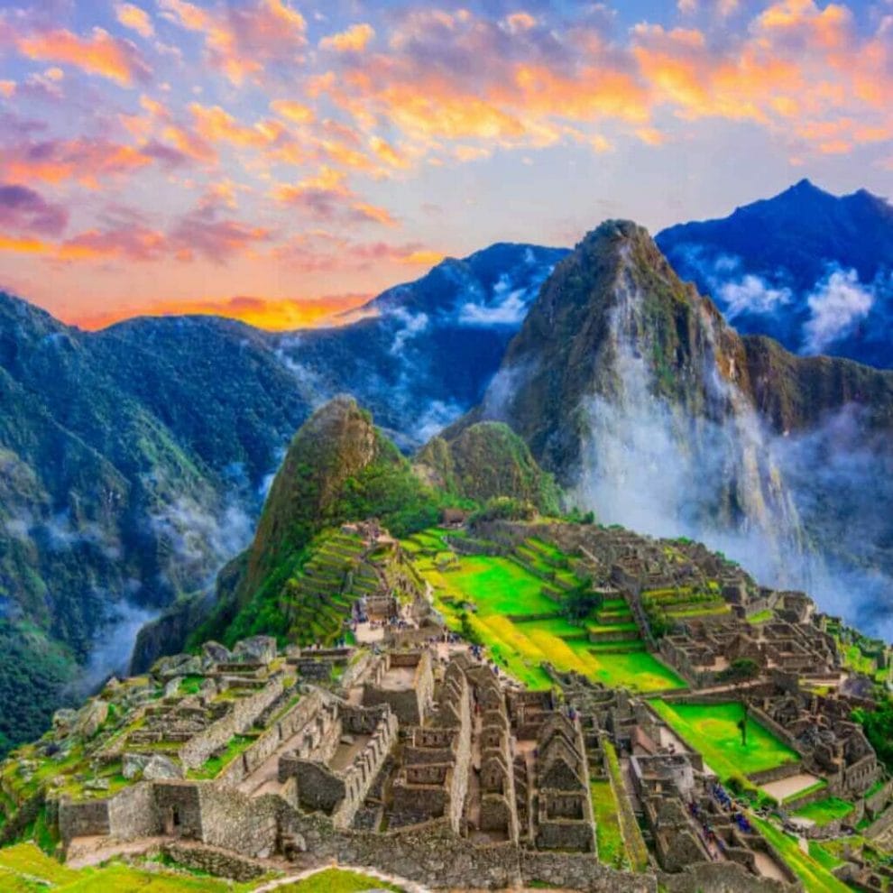 Historic ruins in Peru at sunset.