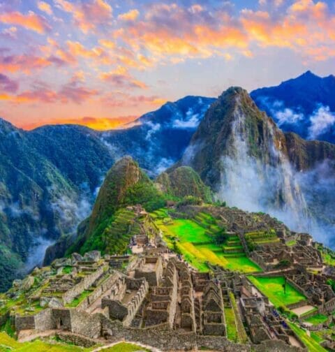 Historic ruins in Peru at sunset.